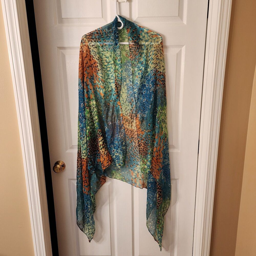 Multicolor peacock inspired large sheer scarf shawl approximately 68 in x 42 in